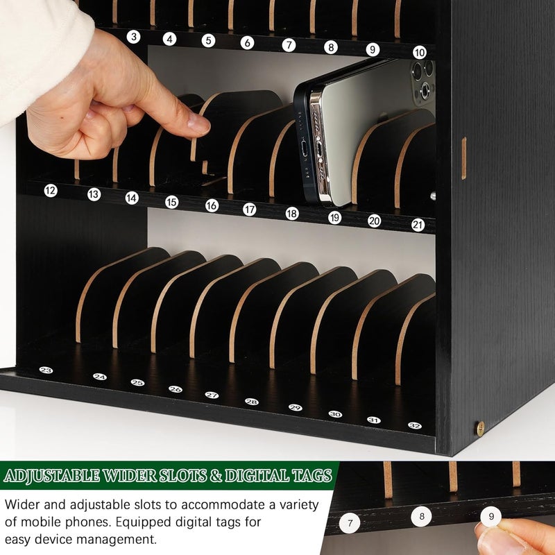 Echaprey Cell Phone Holder Classroom Adjustable 33 Slots Pocket Chart Wooden Cell Phone Storage Cabinet with Handle and Lock Desktop Cell Phone Holder for Classroom Office (Black) - Image 4